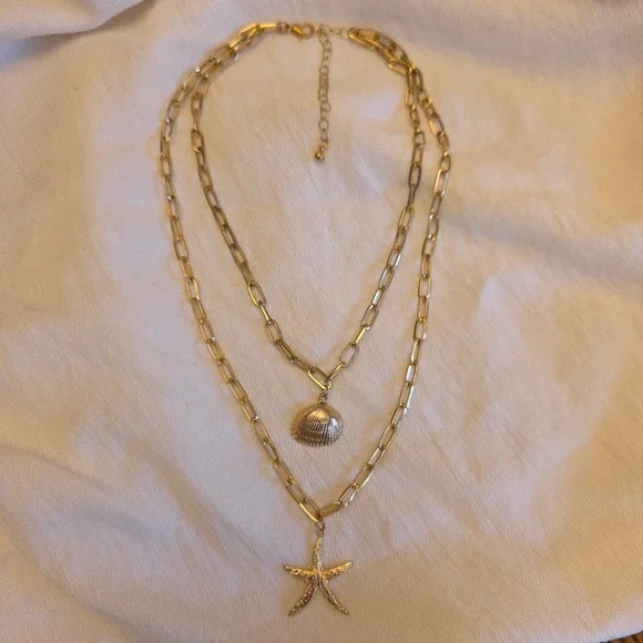 Gold Tone Double Layered 15 3/4-18 1/2 in Necklace Shell Starfish Pendant Women - Picture 1 of 3